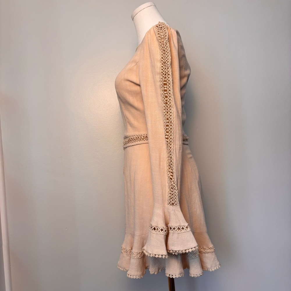 Saints and Secrets Flare Linen Embroidered Flare Cuff Waist Tie Dress Beige Sz S - Picture 7 of 15